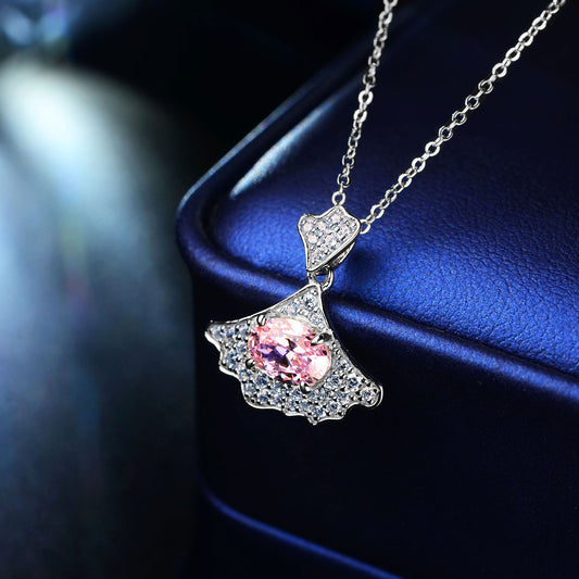 Oval S925 Sterling Silver 18k White Gold Plated Scalloped Pink Zircon Pendant Necklace