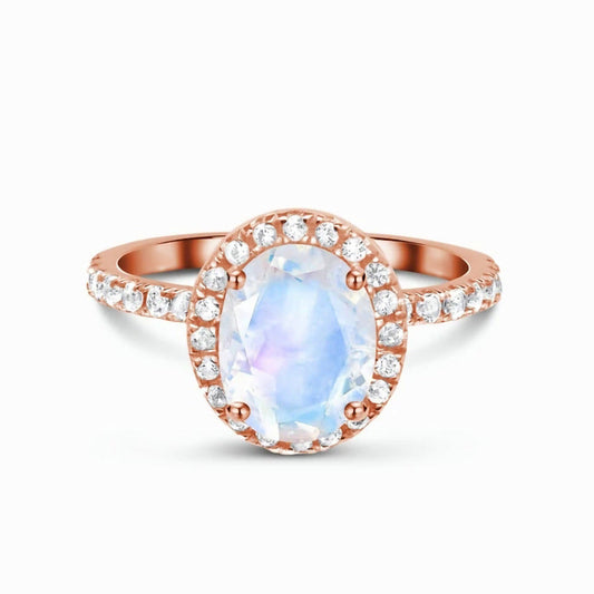 Rose Golden Oval Cut Moonstone Halo Ring