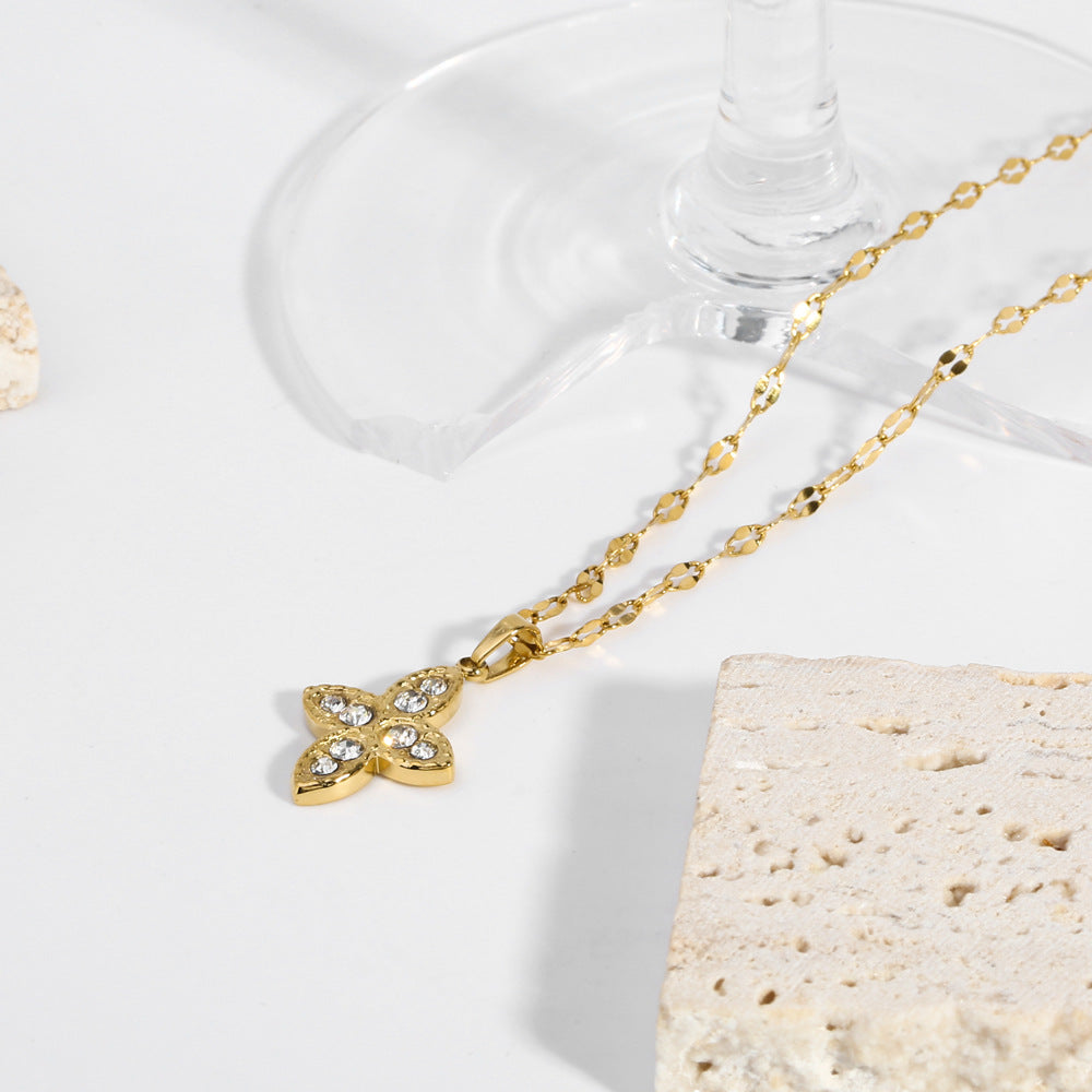 Golden 4 Leaf-clover Shape Full Stone Pendant Necklace