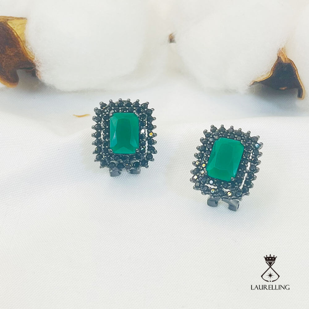 Black Square Shape Full Green Stones Halo Stud Earrings