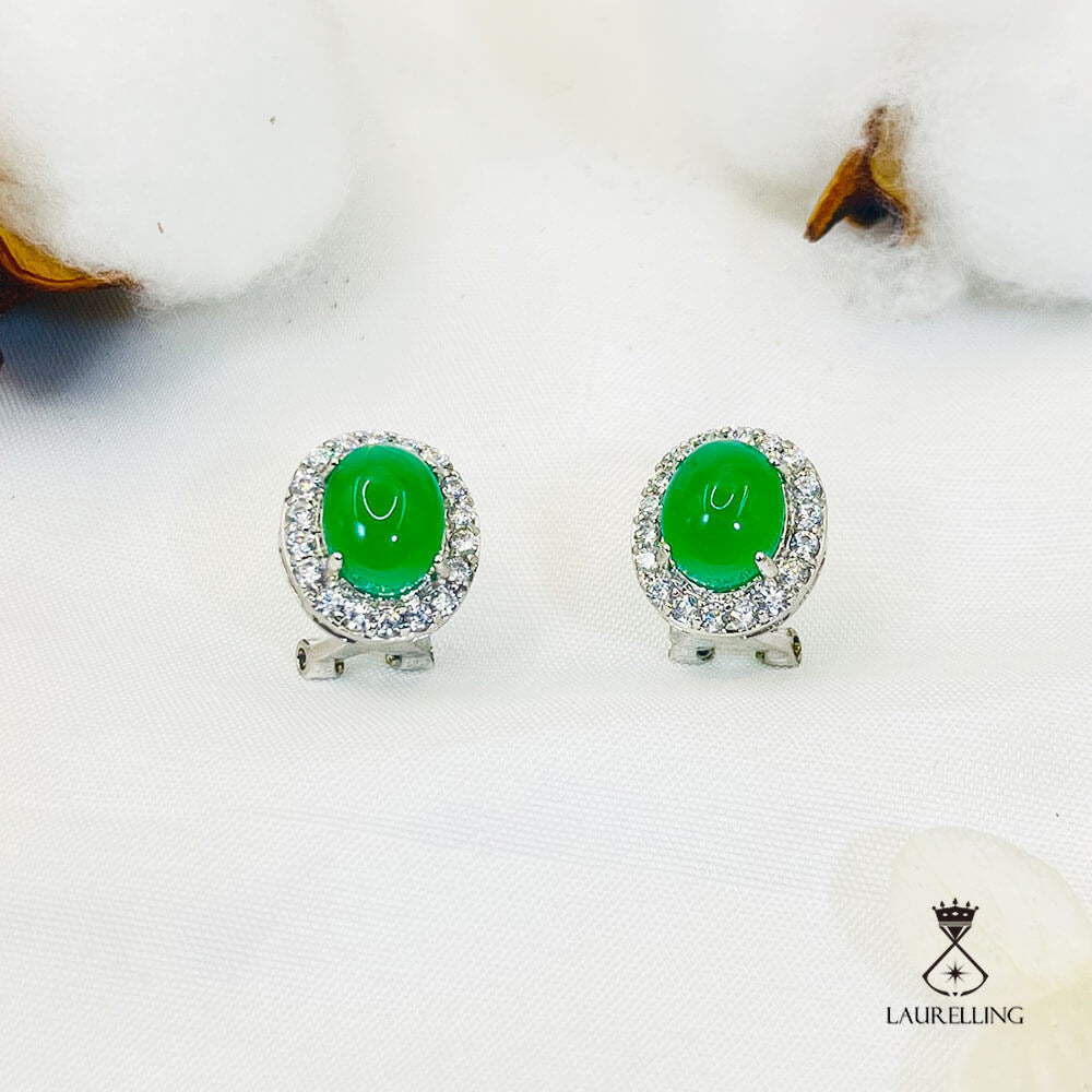 Halo Oval Green Stone Stud Earrings