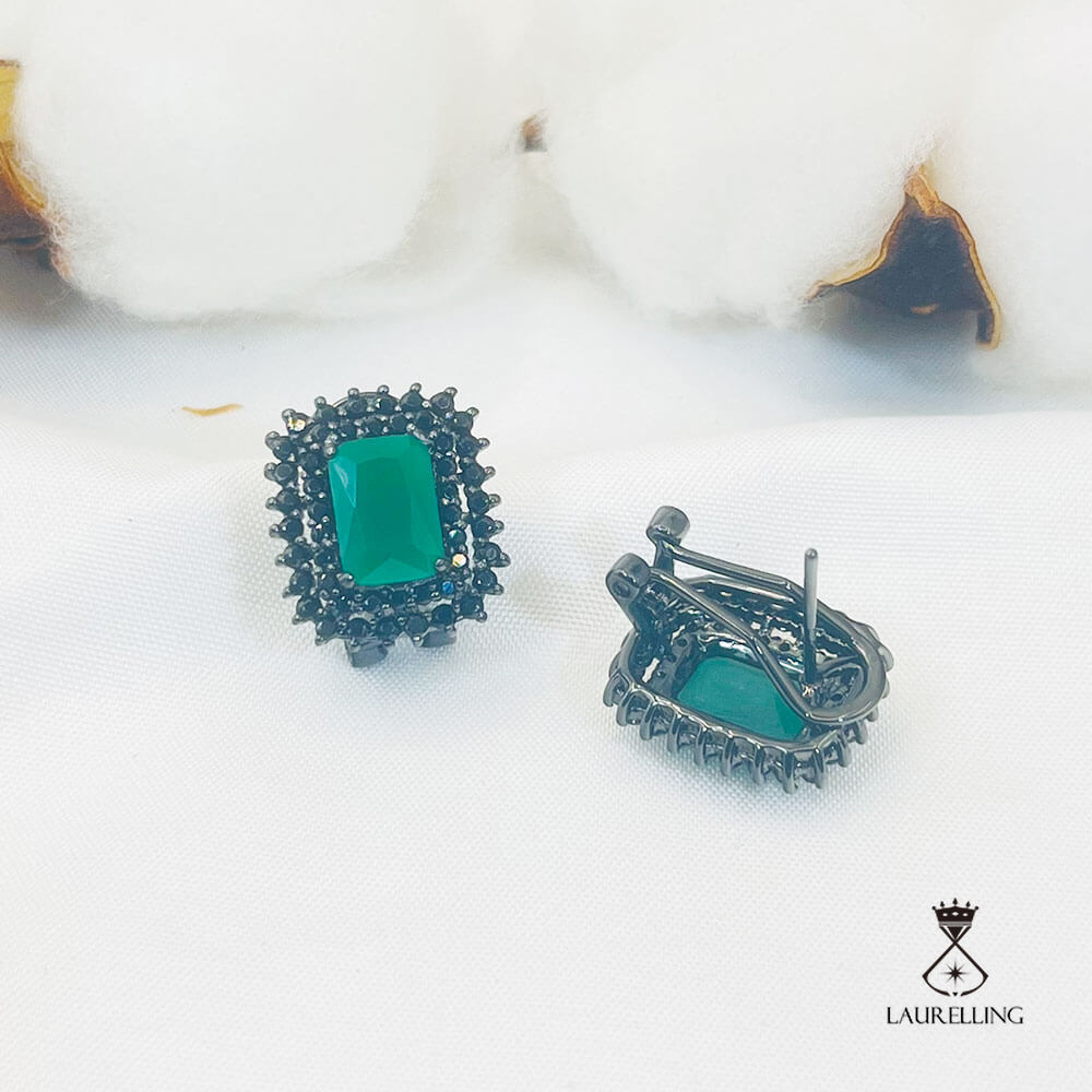 Black Square Shape Full Green Stones Halo Stud Earrings