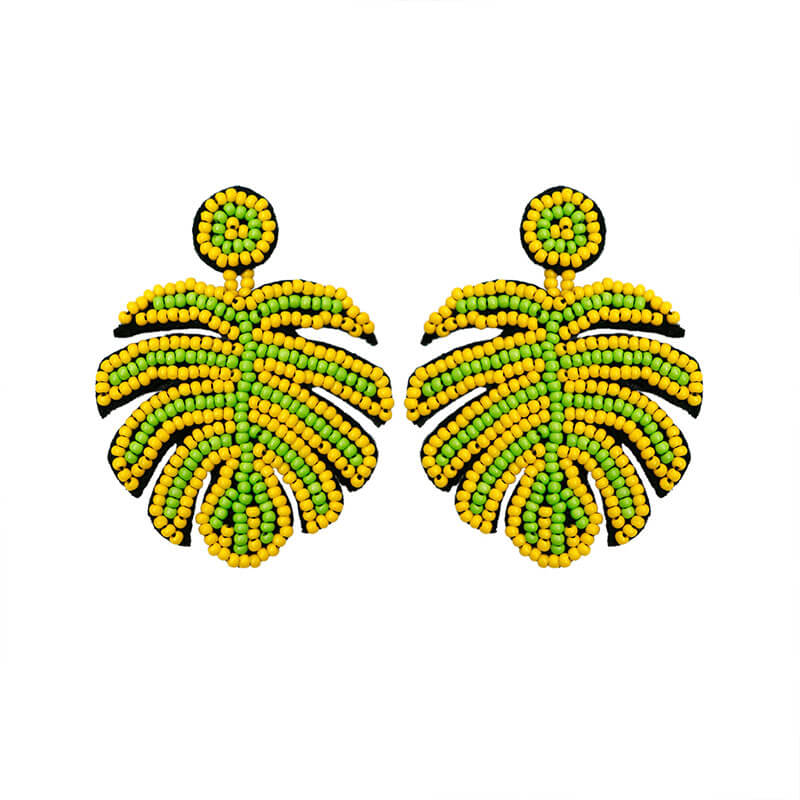 Handmade Rice Beads Turtle Leaf Earrings Woven Beaded Bohemian Vintage Leaf Stud Earrings