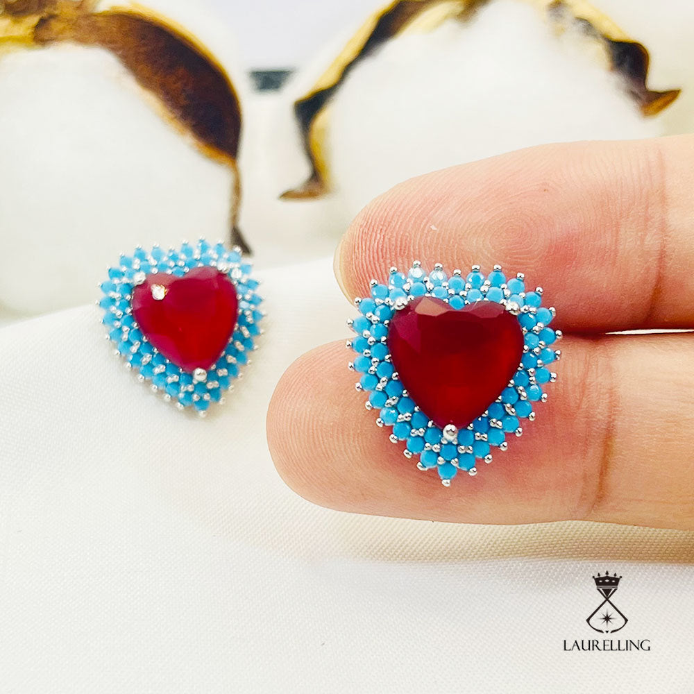 Halo Heart Shape Blue & Red Stones Stud Earrings