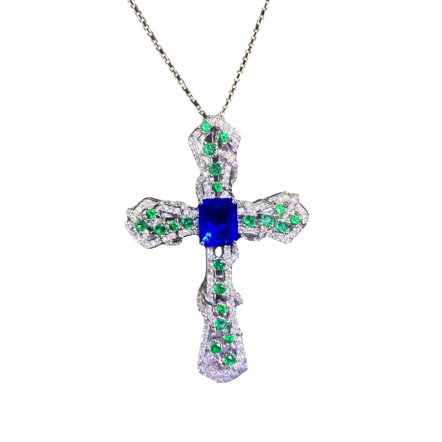 Royal Blue Sapphire Cross Pendant Necklace