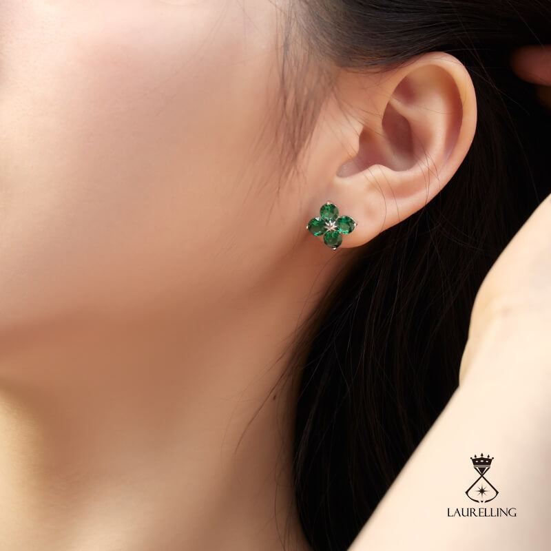 S925 Sterling Silver Four-leaf Clover Octet Star Green Zircon Earrings