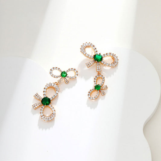 Palace Retro Bow Imitation Emerald Stud Earrings