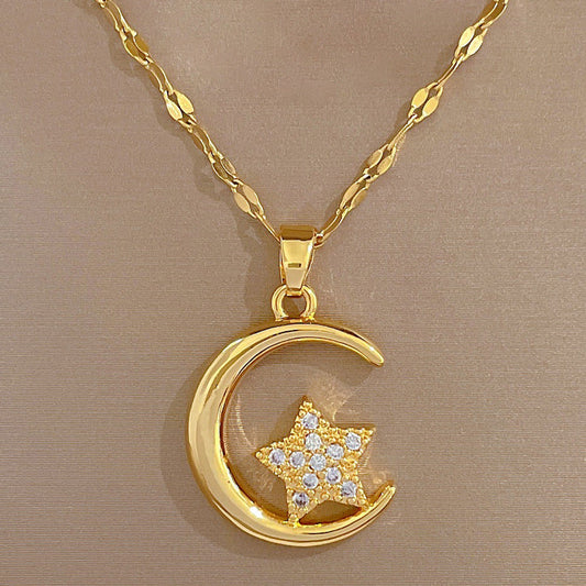 Moon & Full Stones Star Hollow Pendant Necklace