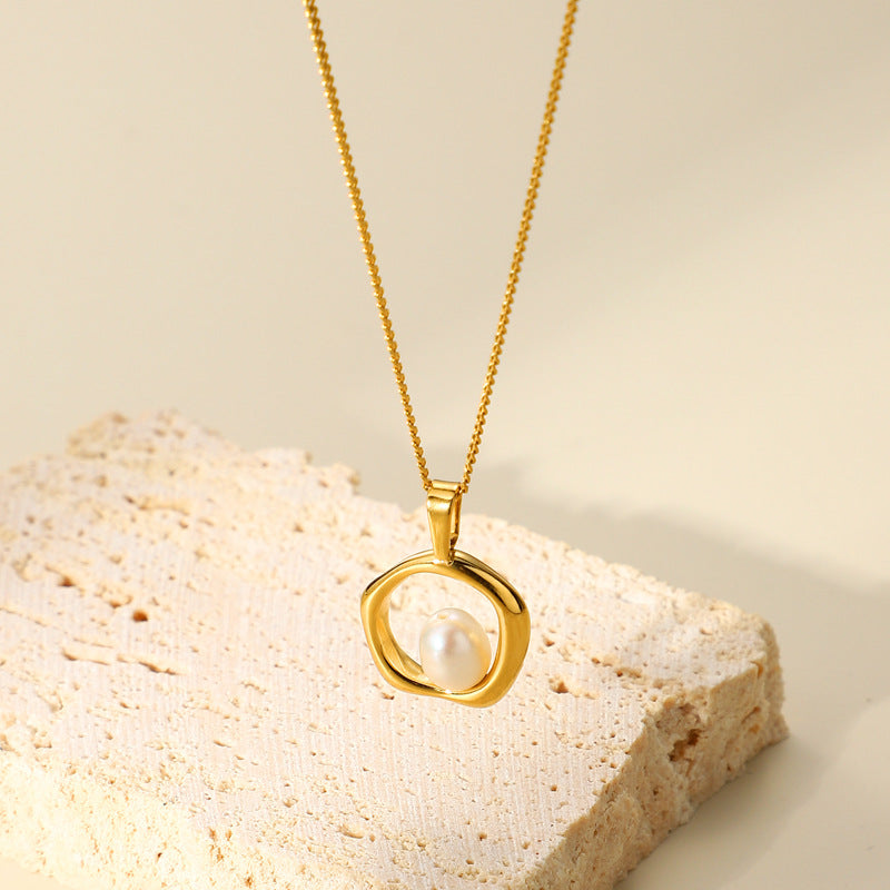 Titanium Steel Irregular Ring Pearl Pendant Necklace