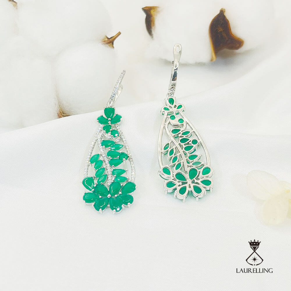 Green Stone Hollow Leaf & Flower Pendant Dangle Earrings