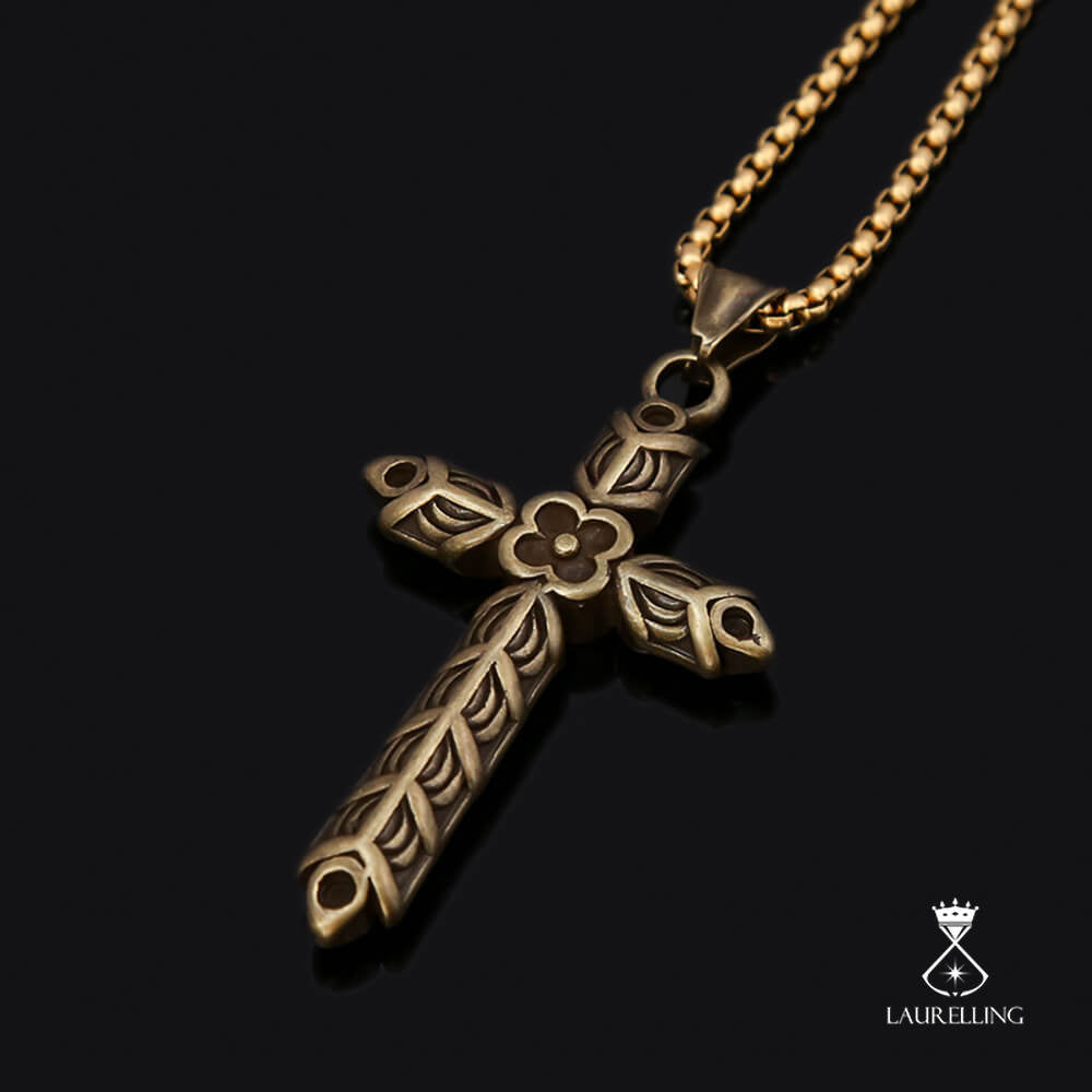 Vintage Stainless Steel Cross Flower Pendant Necklace