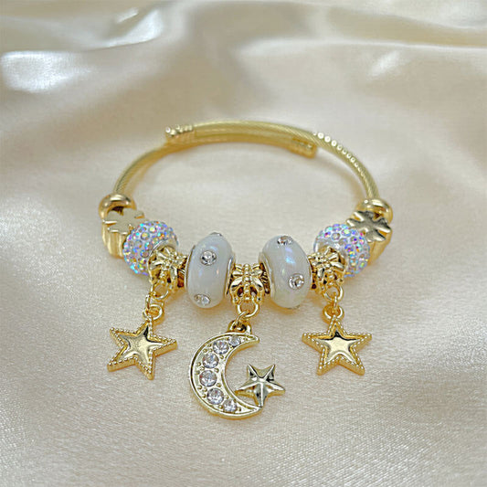 Fashion Wire Ring Bracelet Personality Inlaid Zircon Star Moon Pendant Golden Open Titanium Steel Bracelet