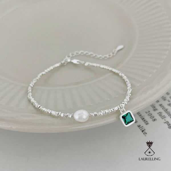 S925 Sterling Silver Pearl Square Green Zircon Bracelet