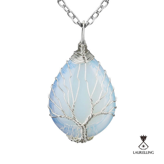 Wrapped Silk Tree of Life Opal Water Drop Necklace