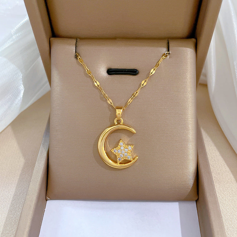 Moon & Full Stones Star Hollow Pendant Necklace