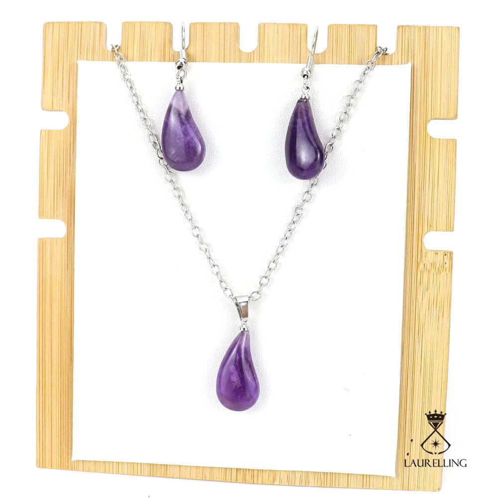 Stainless Steel Crystal Amethyst Drop Pendant Necklace