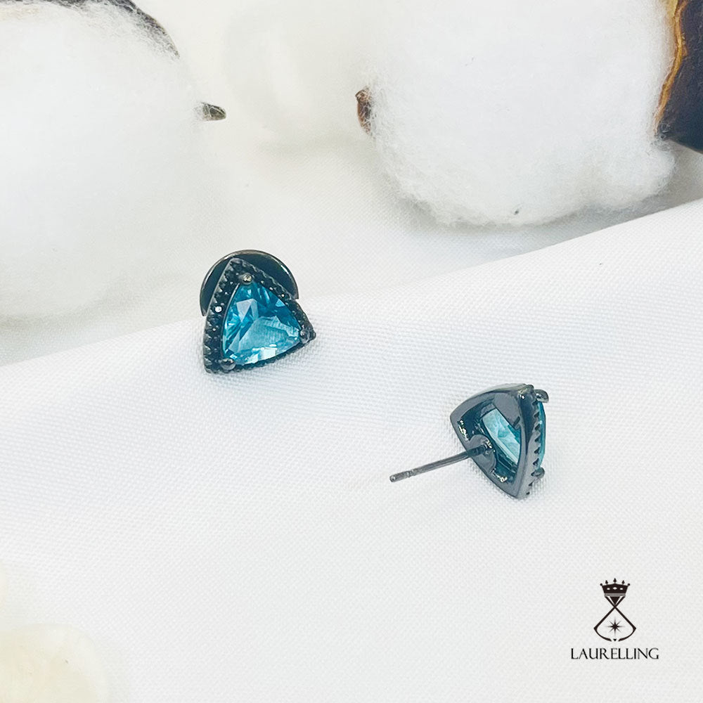 Black Gold Triangle Blue Stone Halo Stud Earrings