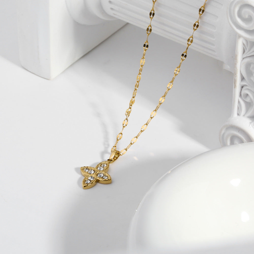 Golden 4 Leaf-clover Shape Full Stone Pendant Necklace