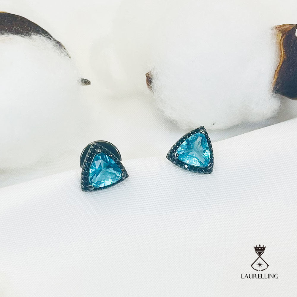 Black Gold Triangle Blue Stone Halo Stud Earrings