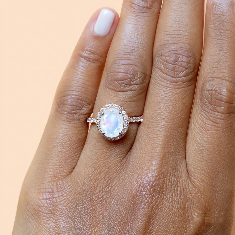 Rose Golden Oval Cut Moonstone Halo Ring