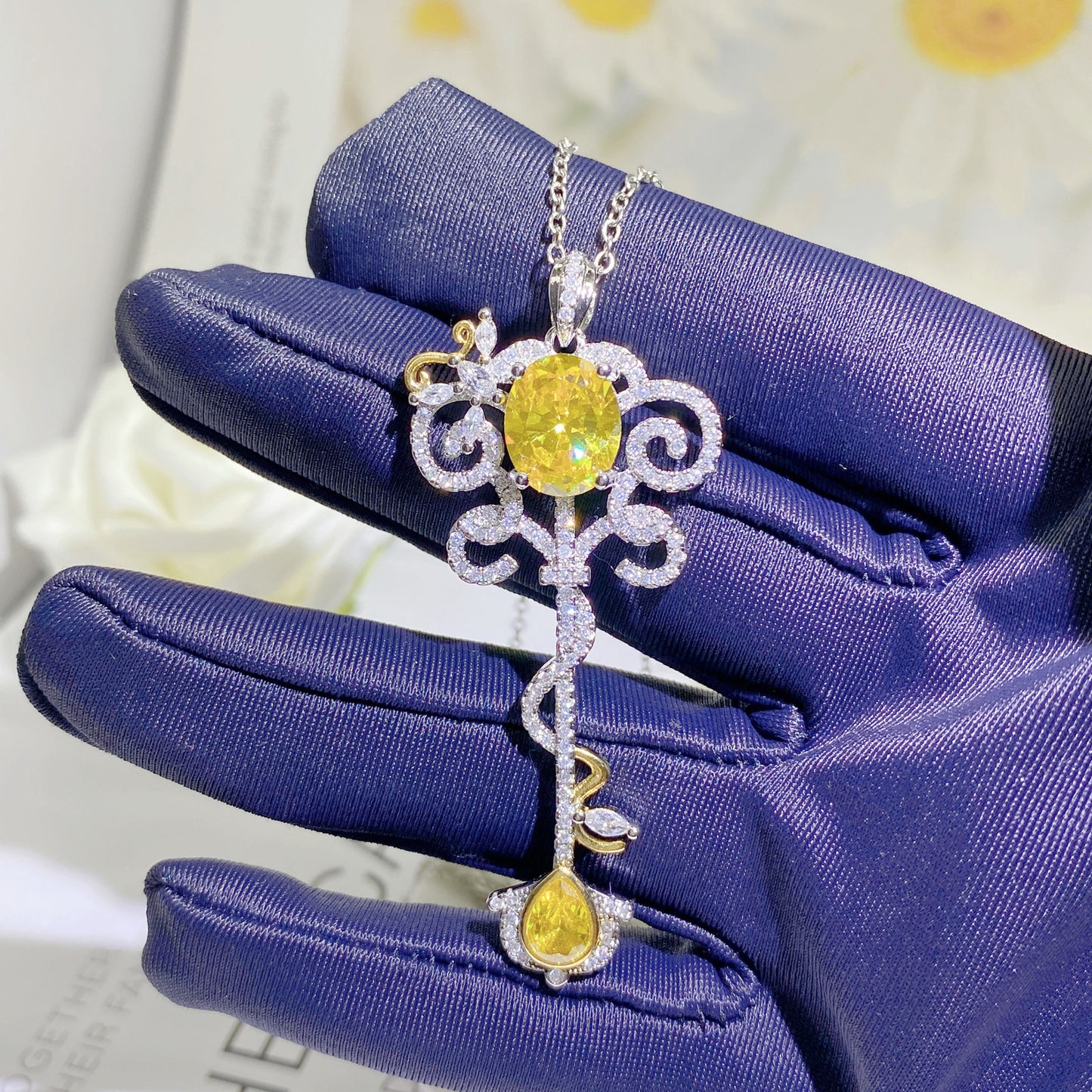 Elegant Colored Yellow Sapphire Key Pendant Necklace