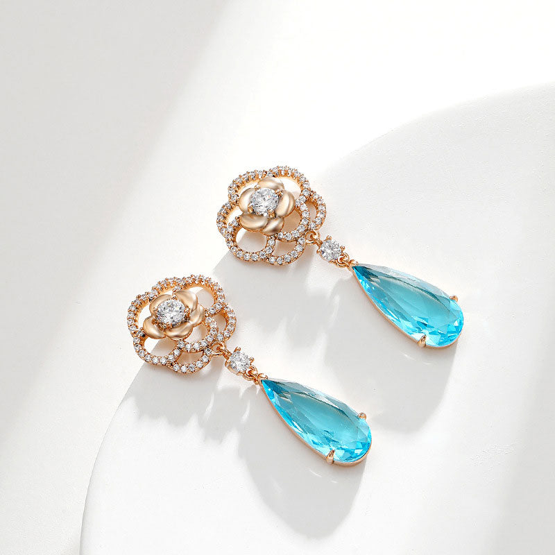 Light Luxury Camellia Water Drop Long Stud Earrings