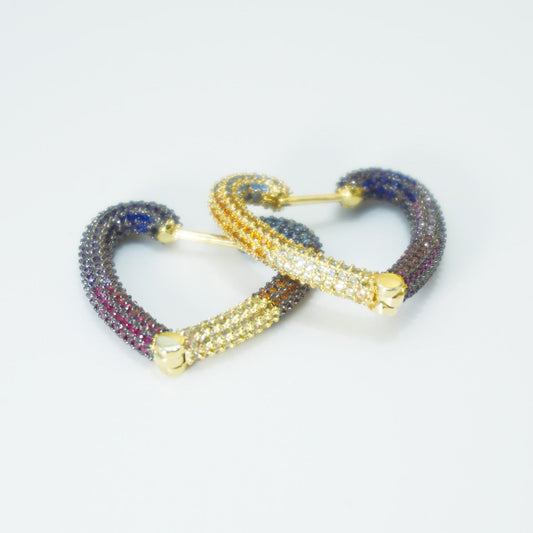 Full Colored Stones Heart Shape Gold Hoop Earrings