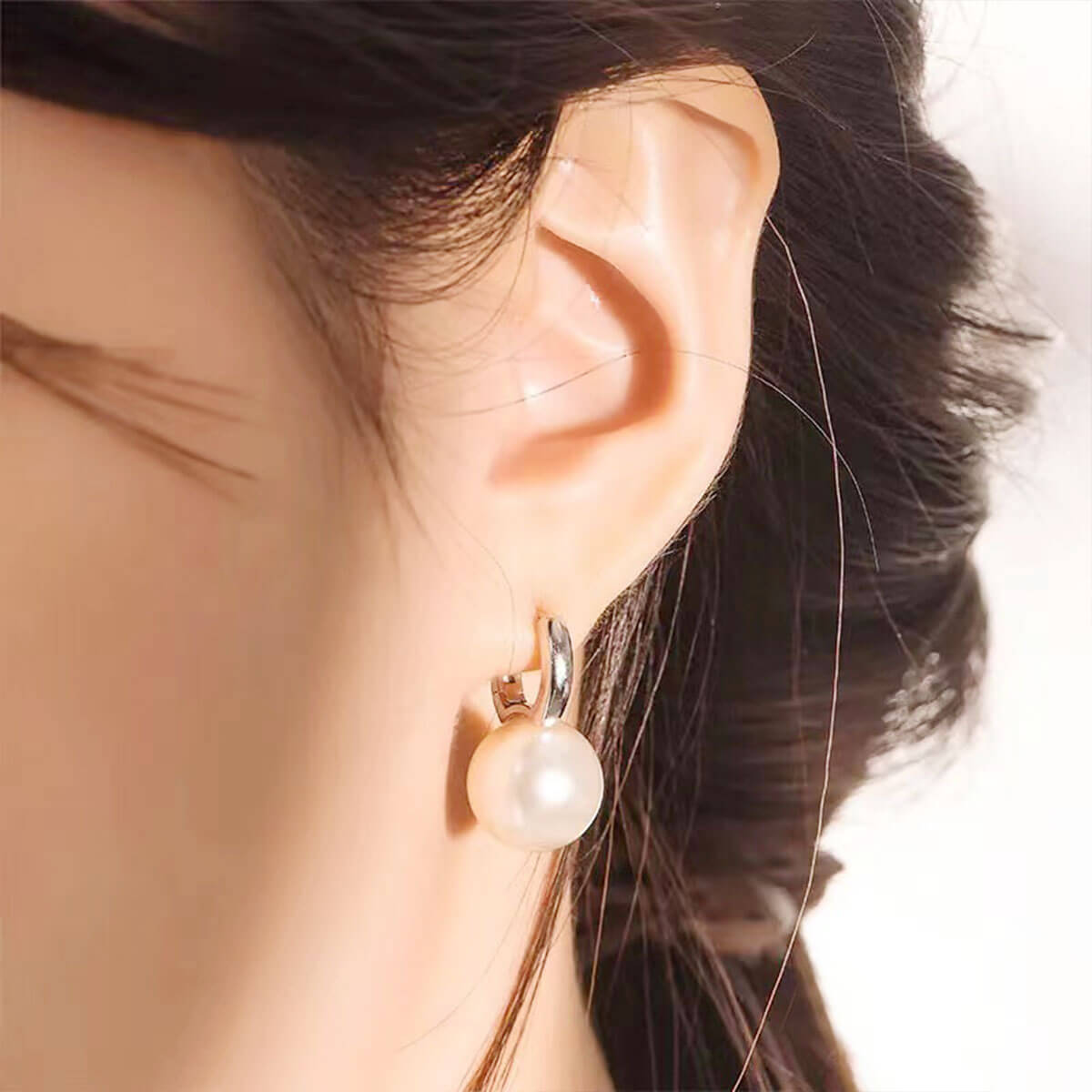 White Gold Organic Pearl Dangle Hoop Earrings