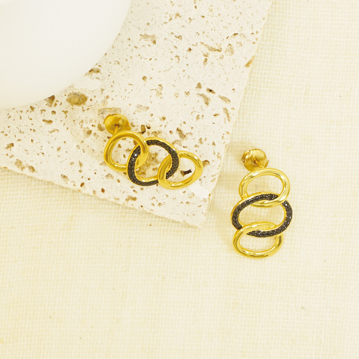 Gold Hammered Triple Hoop Earrings With Black Stones for Women