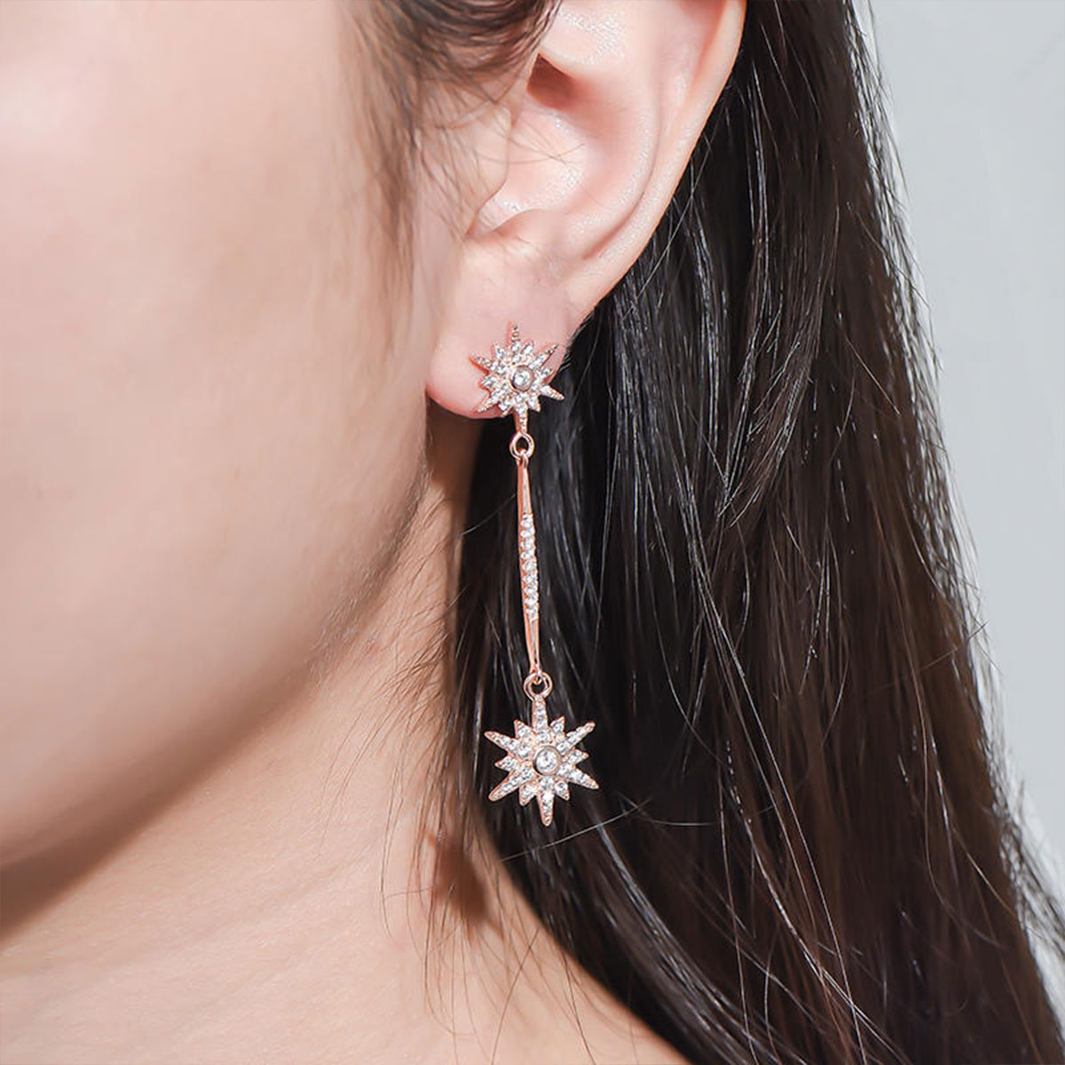 Rose Gold Starburst Shape Full Stones Drop Earrings