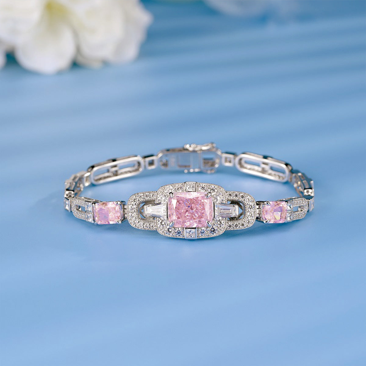 Sterling Silver Square Pink Sapphire with Channel Setting Stones Elegant Bracelet
