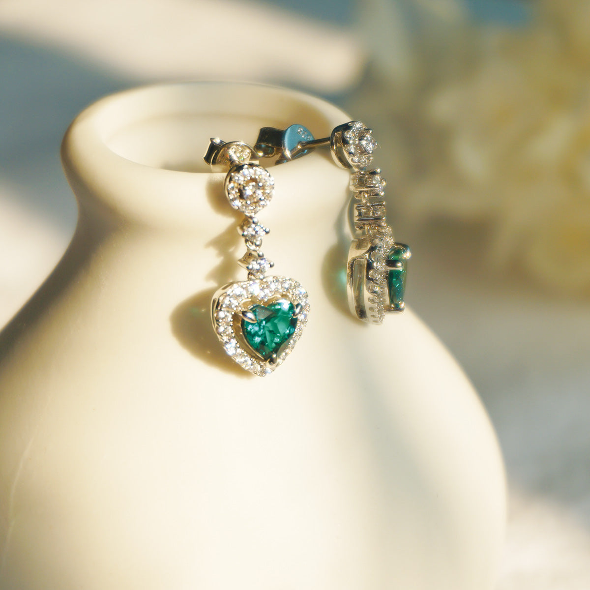 White Gold Heart Emerald with Worldwide Setting Stones Drop Earrings for Women