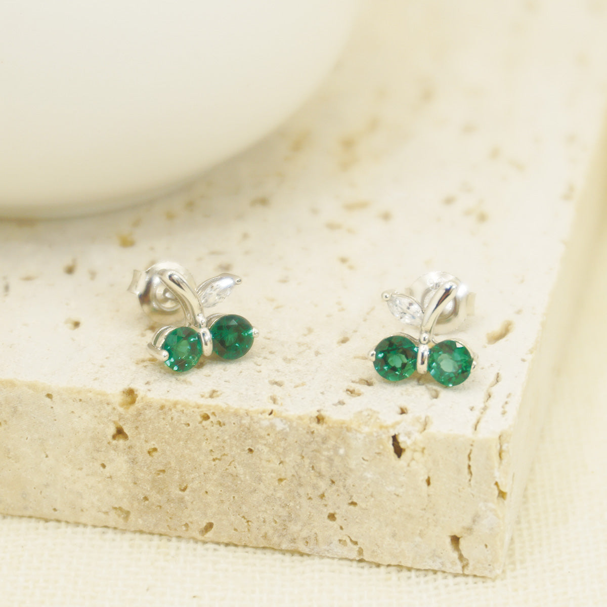 White Gold Cherry Shape Stud Earrings With Emerald Gem for Women