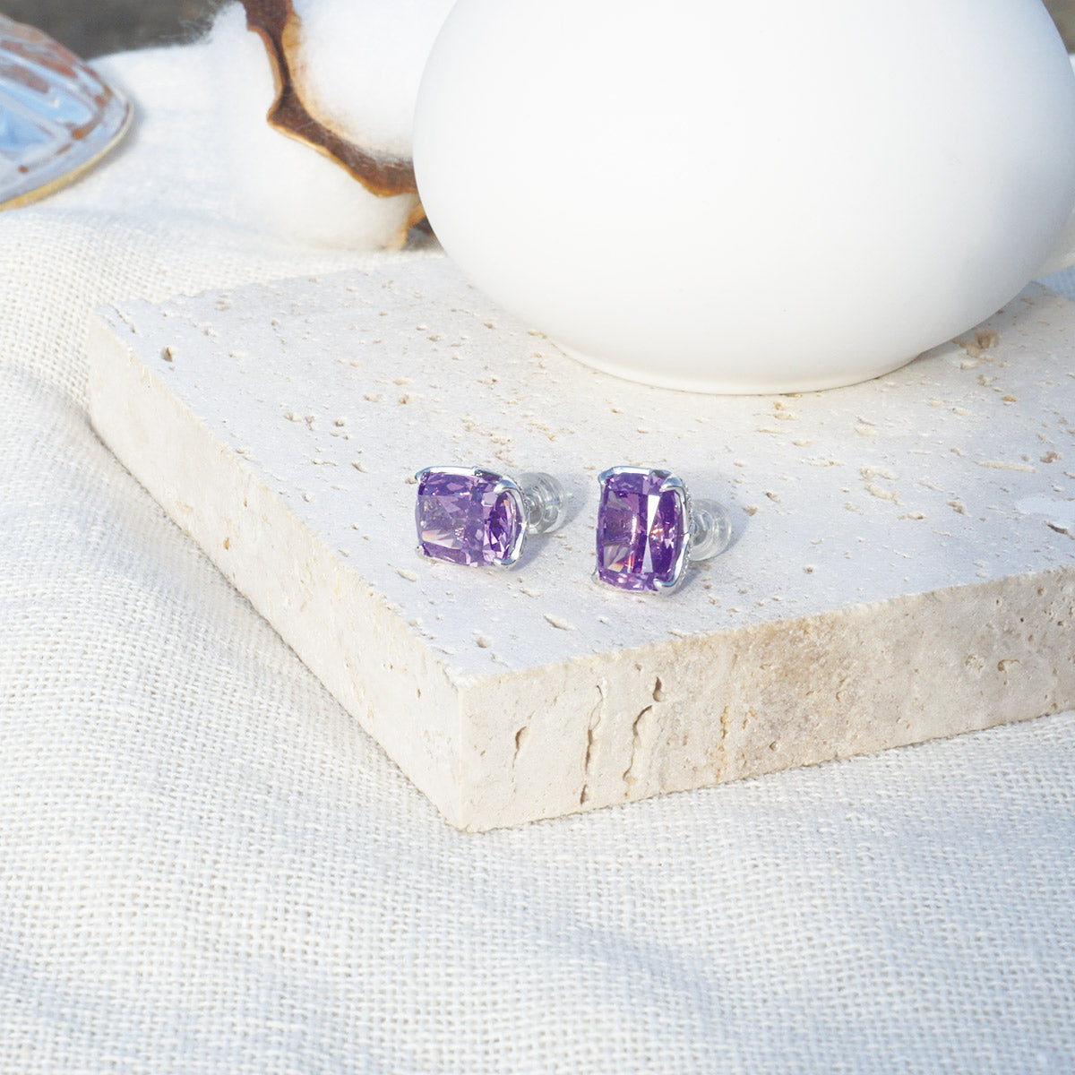 White Gold Plating Square Amethyst Prong Setting Stud Earrings