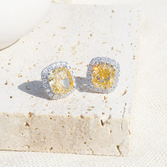 White Gold Plating Square Yellow Sapphire Full Stones Stud Earrings