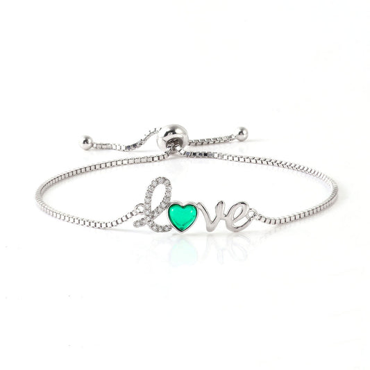 White Gold LOVE Post Heart Shape Emerald Adjustable Bracelet