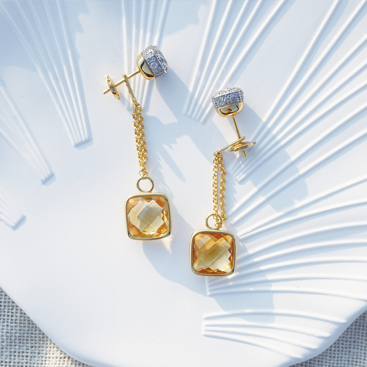 Gold Drop Earrings With Square Yellow Sapphire for Women
