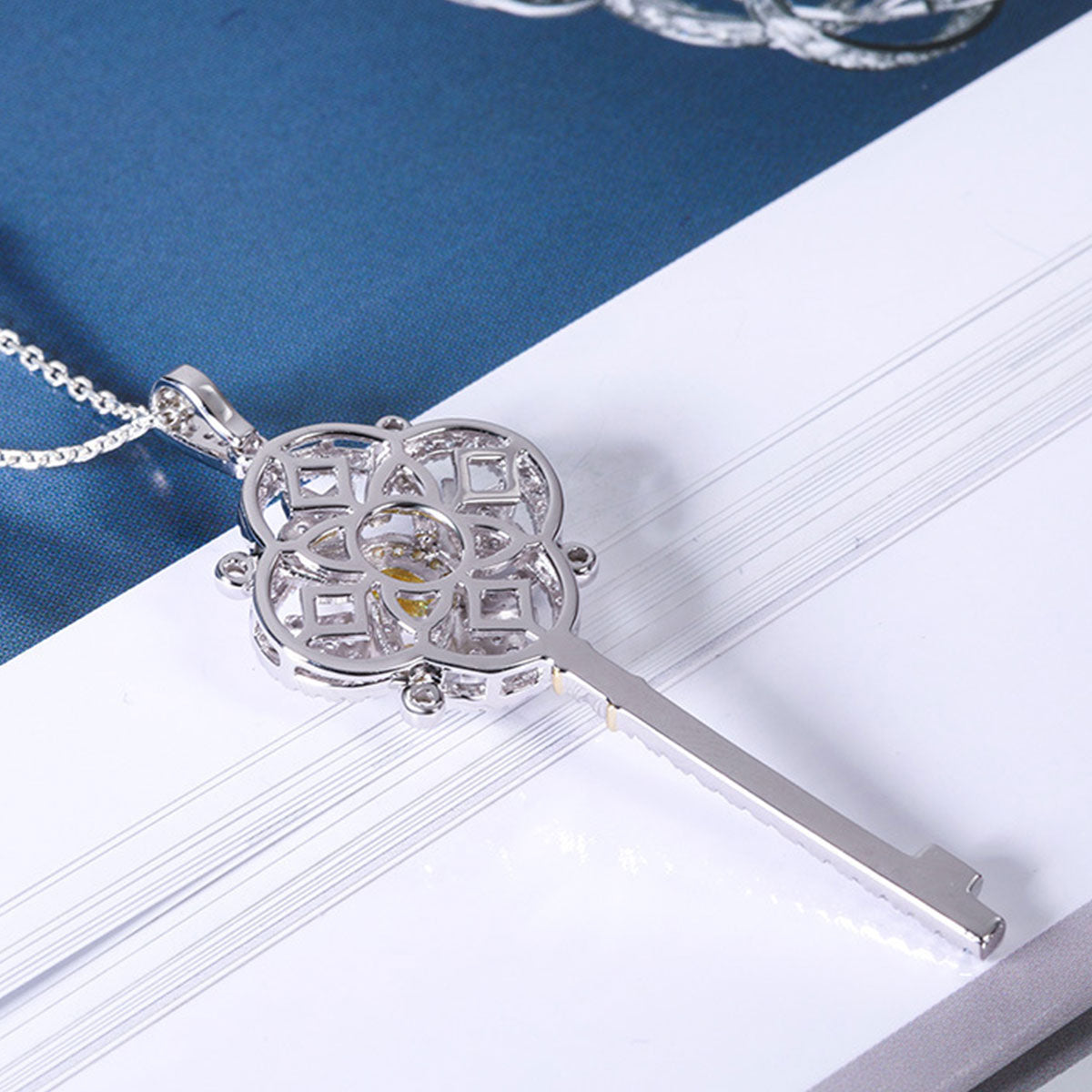 Sterling Silver Yellow Sapphire Four-leaf Clover Key Shape Necklace Pendant