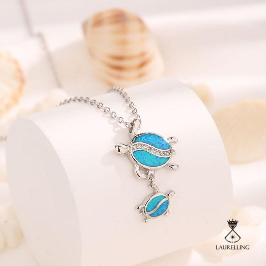 Blue Opal Double Turtle Pendant Necklace