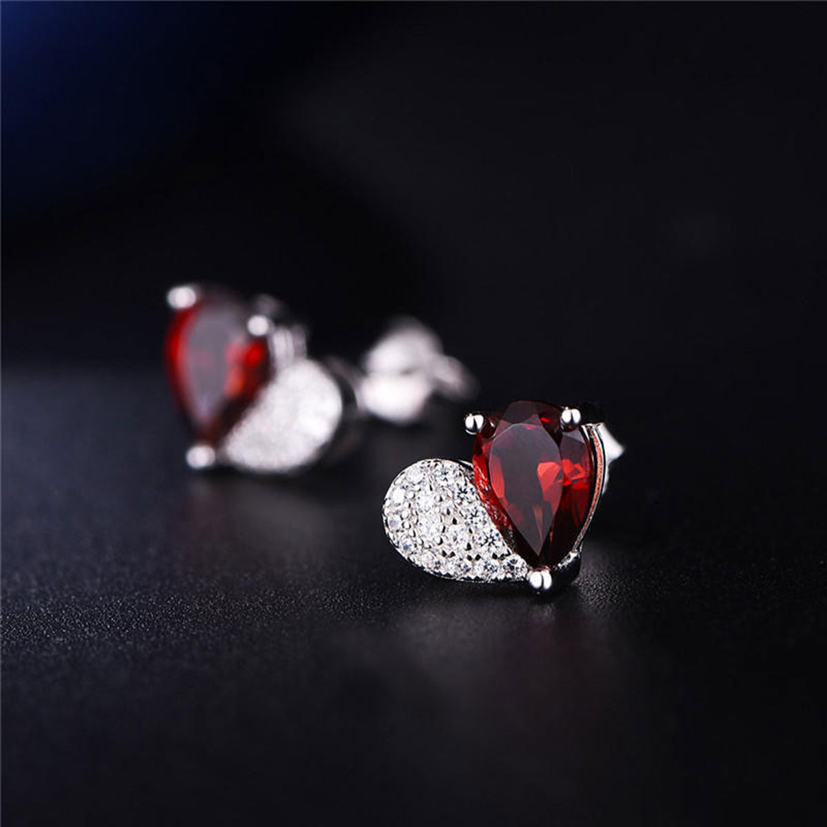 White Gold Half Design Ruby Gem Heart Shape Stud Earrings