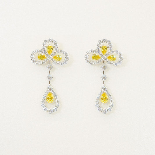 White Gold Iris Shape Yellow Sapphire Hollow Drop Earrings