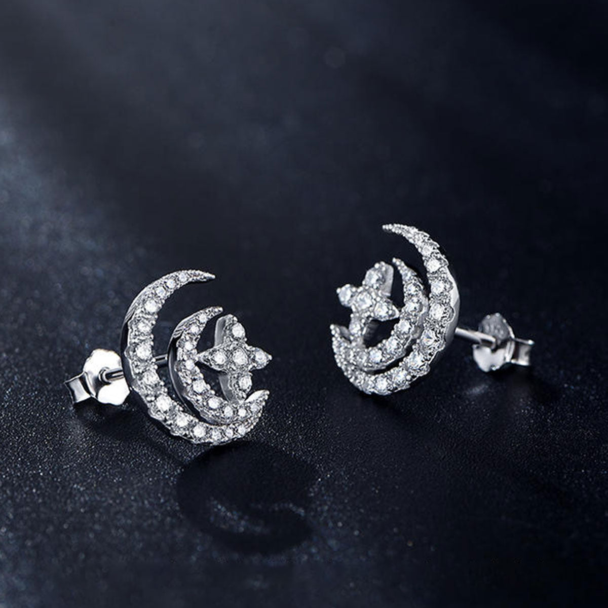 White Gold Star & Moon Full Stones Stud Earrings