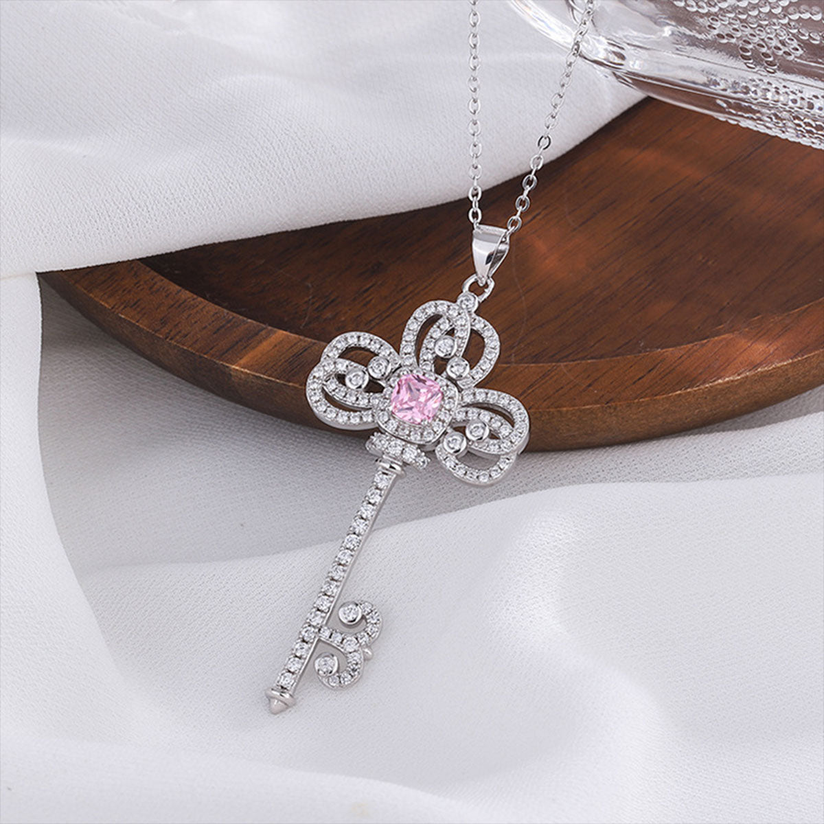 Sterling Silver Classic Iris Key Shape Pendant with Pink Sapphire for Women