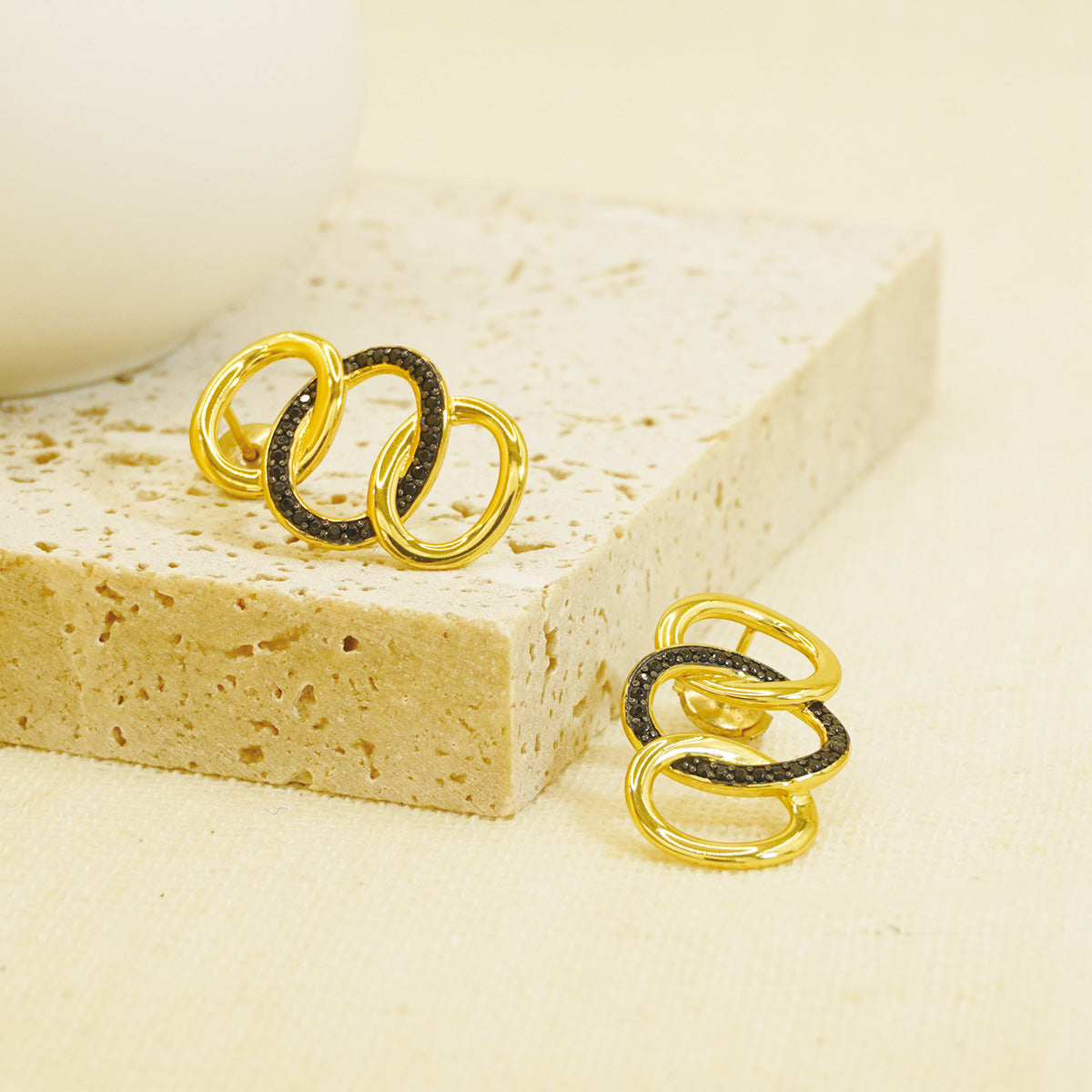 Gold Hammered Triple Hoop Earrings With Black Stones for Women
