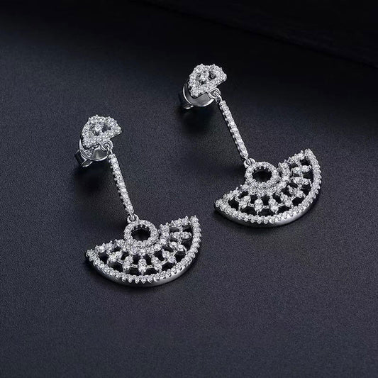 White Gold Hollow Full Stones Sector Drop Earrings