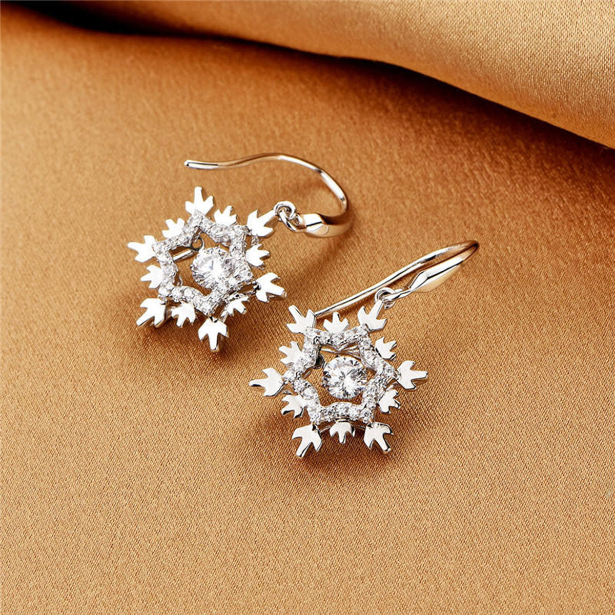 White Gold Snowflake Shape Full Stones Beating Shinny Dangle Earrings