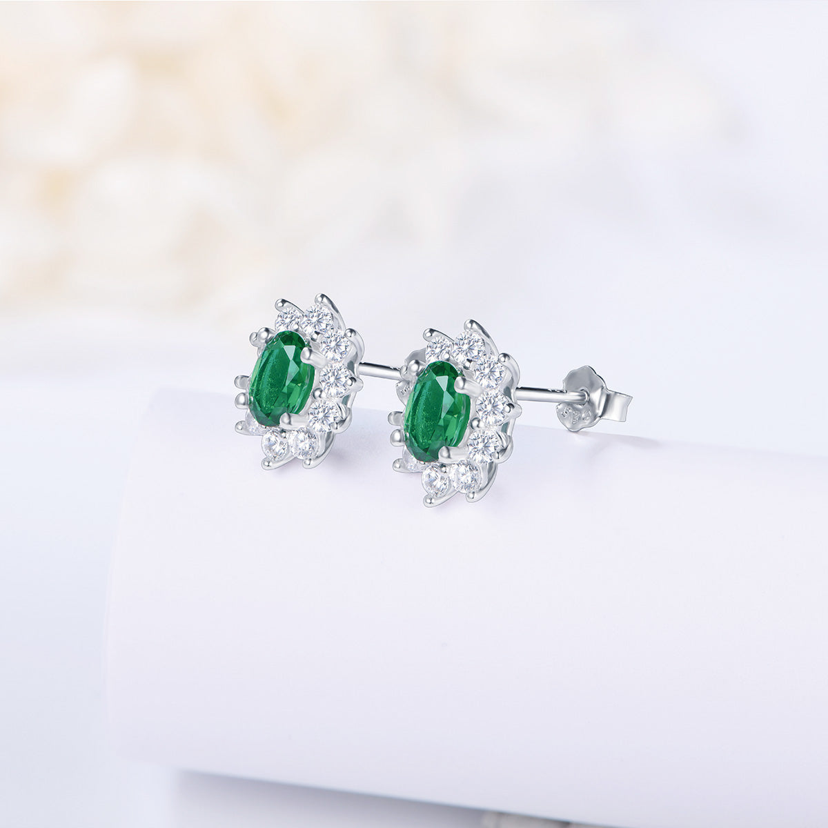 White Gold Sun Flower Full Stones Stud Earrings with Oval Brilliant Cut Emerald Gem