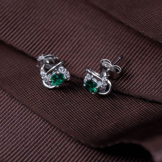 White Gold Rose Shape Emerald Gem Prong Setting Stud Earrings
