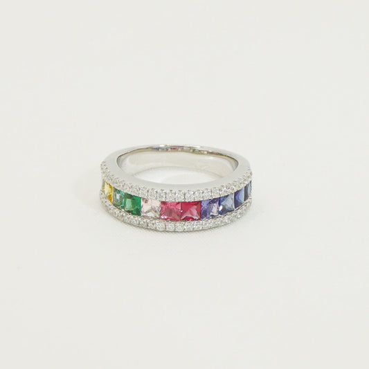 White Gold Rainbow Sapphire Multi Colored Stones Band Ring