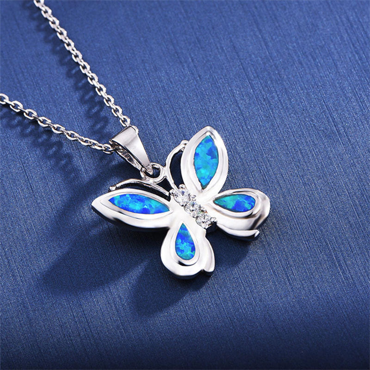White Gold Butterfly Shape Blue Opal Charm Pendants Chains